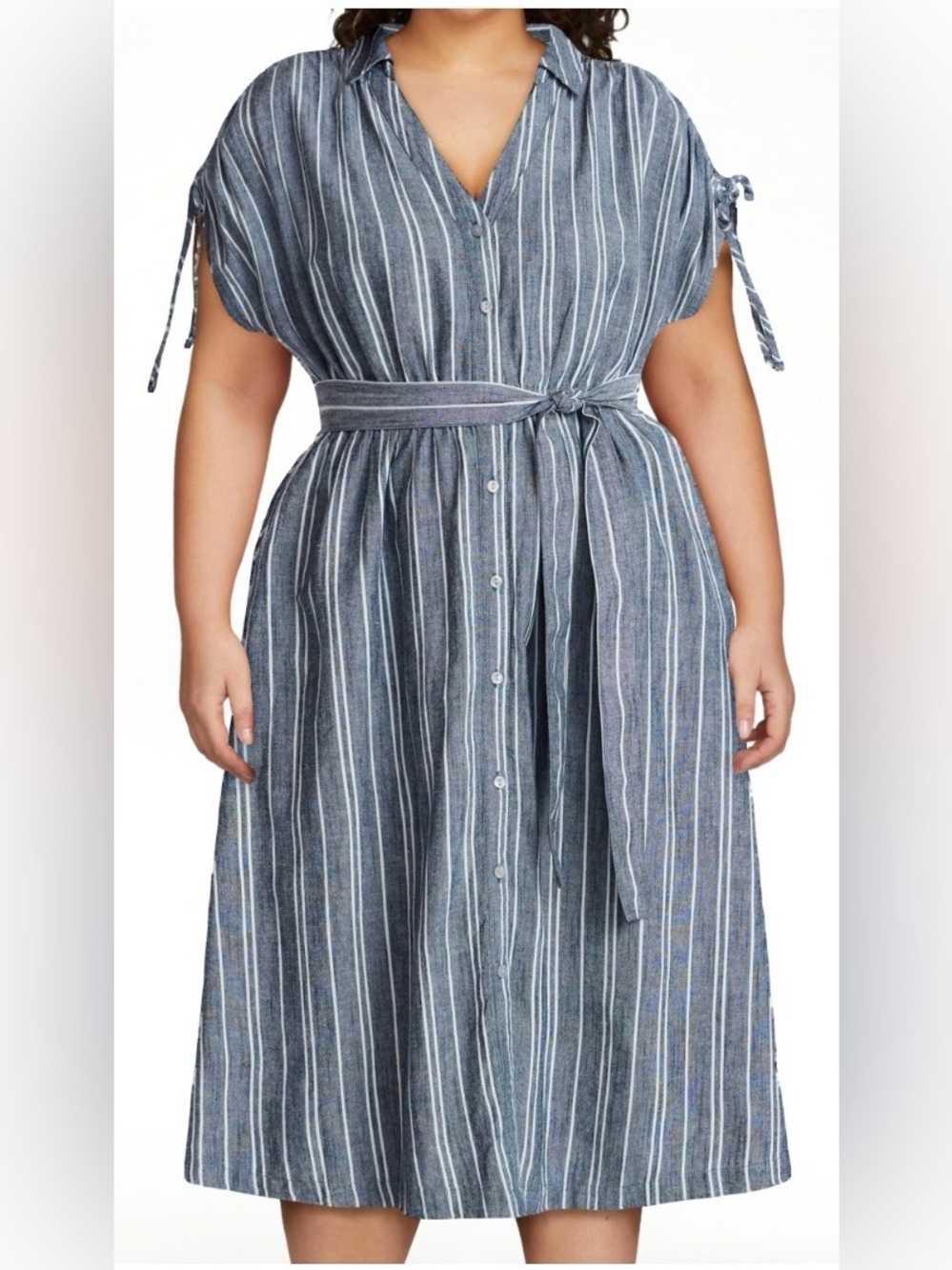 Time and Tru Blue and White Striped Button-Front Maxi Dress with Tie Waist